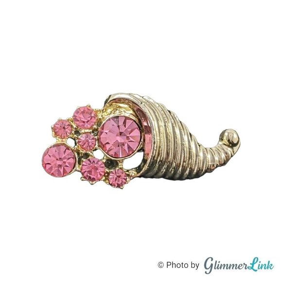 Vintage Pink Rhinestones Cornucopia Gold Tone Brooch - Picture 1 of 7